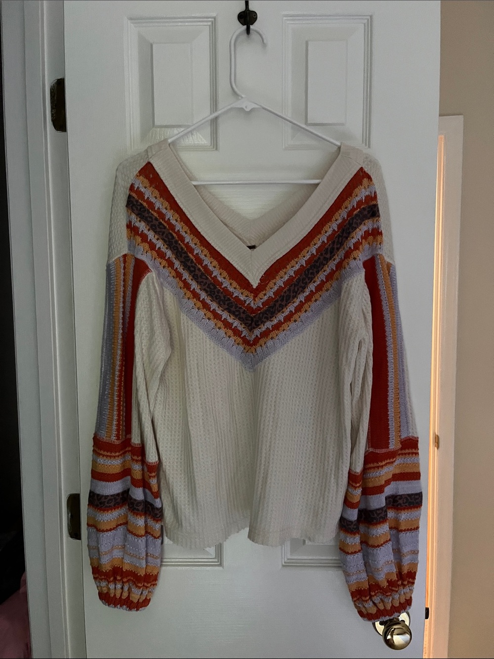 Free People Ivory V-Neck Bohemians Balloon Sleeves Knit Sweater